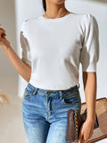 FASHION KNIT PLEATED SHORT SLEEVE SOLID COLOR SWEATER