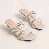 MESH PEARL TRANSPARENT THICK HEEL SLIPPERS