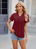 SOLID COLOR LAPEL PLEATED LOOSE SHORT SLEEVE T-SHIRT