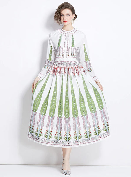 ROUND NECK LONG SLEEVE PLEATED PRINTED DRESS