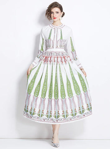 ROUND NECK LONG SLEEVE PLEATED PRINTED DRESS
