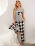 FASHION PLAID HEART-SHAPED SHORT-SLEEVED PAJAMAS SUIT