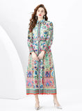 Palace Lapel Lantern Sleeve Long Retro Print Dress