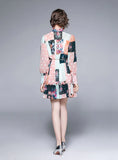 RETRO COLOR MATCHING PRINTED LONG-SLEEVED DRESS