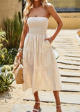 SOLID COLOR TUBE TOP PLEATS DRESS