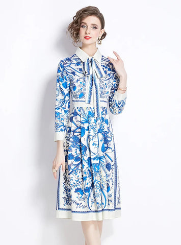 RETRO PRINTED SLIM LONG SLEEVE DRESS