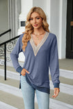 V-NECK CONTRAST SPLIT LOOSE LONG SLEEVE T-SHIRT