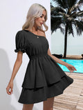 OBLIQUE SHOULDER BUBBLE SLEEVE DRESS