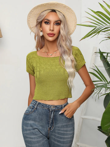 TWIST SQUARE COLLAR SHORT SLEEVE SWEATER TOP