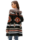 STYLISH LOOSE HOODED COAT TASSEL GEOMETRIC JACQUARD SWEATER CARDIGAN