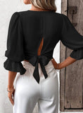 V-NECK SLIM BUBBLE SLEEVE SHIRT