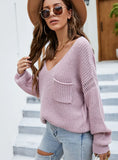 CLASSY LONG SLEEVE LOOSE V-NECK PULLOVER SWEATER