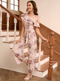 PRINTED DIAGONAL SHOULDER FLOUNCE JUMPSUIT