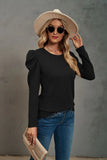 LONG SLEEVE PLEATED SPLICED ROUND NECK T-SHIRT