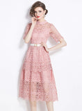 SHORT-SLEEVED LACE MEDIUM-LONG DRESS