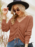 STYLISH IRREGULAR DRAWSTRING V-NECK LONG SLEEVE SWEATER