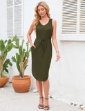 CASUAL V-NECK SLEEVELESS SIDE SLIT DRAWSTRING DRESS