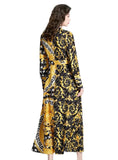 RETRO LAPEL LANTERN SLEEVE LONG PRINTED DRESS