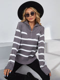 CLASSY HIGH NECK STRIPED LONG SLEEVE ZIPPER SWEATER