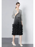 FOLDING WOODEN EAR RUFFLED SLIM V-NECK GRADIENT DRESS