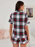 FASHION SUMMER SHORT SLEEVE TOP PLAID SUIT
