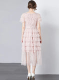 U-NECK SEQUINED LACE SHORT SLEEVE CAKE DRESS
