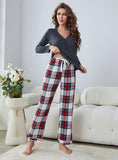 CLASSY LONG SLEEVE PLAID PAJAMAS SUIT
