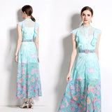 SLEEVELESS RUFFLED COLLAR PRINTED DRESS