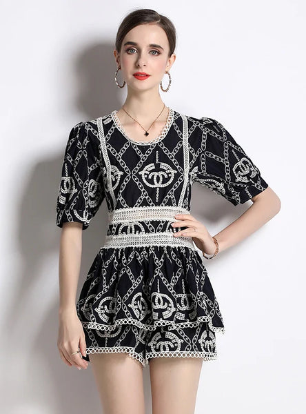 RETRO EMBROIDERED TOP+SHORTS TWO-PIECE SUIT