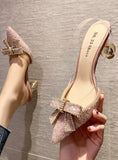 POINTED BOW RHINESTONE HIGH-HEELED SANDALS