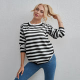 CLASSY STRIPED MULTICOLOR ROUND NECK TOP LOOSE SWEATER