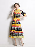 ROUND NECK SHORT SLEEVE SINGLE-BREASTED PRINTED DRESS