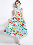 RETRO PRINTED SLEEVELESS SLIM DRESS