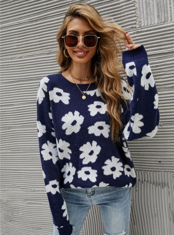 CLASSY PRINTED ROUND NECK BLUE SWEATER