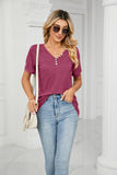 SOLID COLOR SHORT SLEEVE BUTTON V-NECK T-SHIRT