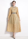 ROUND NECK LANTERN SLEEVE BEADED PLEATED DRESS
