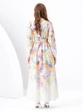 V-neck Lantern Sleeve Wavy Long Retro Print Dress