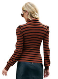 FASHION BUBBLE SLEEVE SLIM KNIT STRIPED TOP