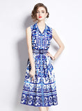 RETRO PRINTED SLIM LAPEL SLEEVELESS DRESS