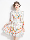 VINTAGE PRINTED V-NECK LANTERN SLEEVE SLIM DRESS