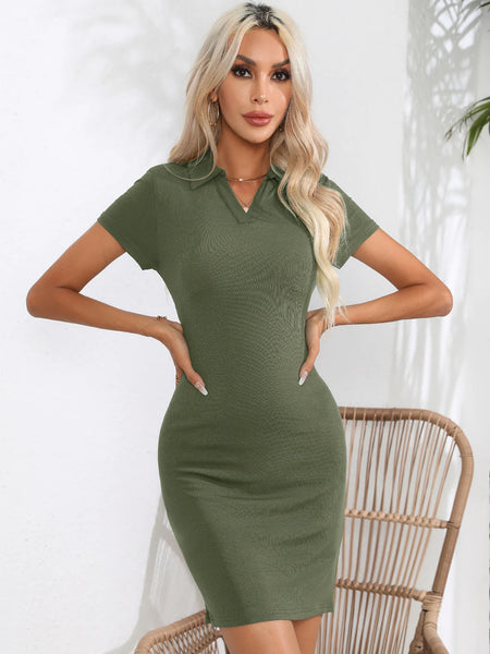 PIT LAPEL SHORT SLEEVE SOLID COLOR DRESS
