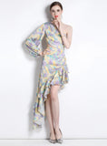 CHIFFON FLORAL IRREGULAR SLIM WAIST DRESS