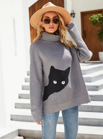 CLASSY PRINTED KITTEN TURTLENECK SWEATER