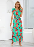SHORT-SLEEVED V-NECK ROSE PRINT DRESS