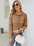 FASHION PULLOVER BUTTON ROUND NECK WOOD EAR SWEATER