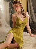 FASHION SATIN LACE STITCHING SLIT NIGHTDRESS