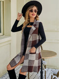 STYLISH LONG SLEEVELESS JACQUARD PLAID VEST SWEATER COAT