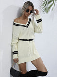 STYLISH TWIST V-NECK COLLEGE WIND KNITTED SWEATER DRESS