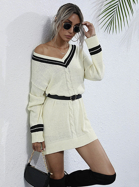 STYLISH TWIST V-NECK COLLEGE WIND KNITTED SWEATER DRESS