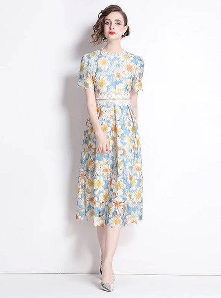 SLIM LACE PRINT SHORT DRESS